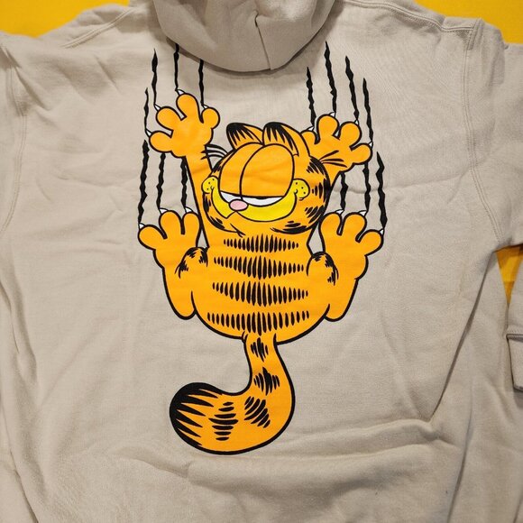 Garfield Nickelodeon Scratching Claws Hanging On Hoodie Sweatshirt Beige Size L - Picture 9 of 10